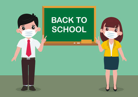 Back to school for new normal lifestyle banner social distancing in class room Concept, Prevention tips infographic of coronavirus 2019. boy and girl wearing maskのイラスト素材