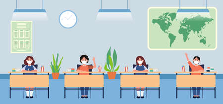 Back to school for new normal lifestyle banner social distancing in class room Concept, Prevention tips infographic of coronavirus 2019. boy and girl wearing mask Sitting on the deskのイラスト素材