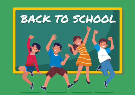 Social distancing at school after pandemic. Back to school concept after epidemic. Kids wearing face masks and maintaining safe distance. New normal scene for children.のイラスト素材