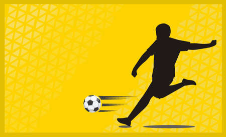 Banner with soccer player. Lettering Football with one ball. Football player in campionship. Fool color illustration in flat style isolated on web background.のイラスト素材