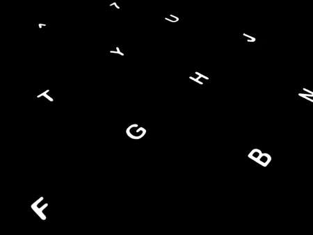 Creative fine art image illustration of white glowing english alphabet letters on dark black background Copy space for text. Modern abstract front style in computer keyboard typewriter sequence order.の写真素材