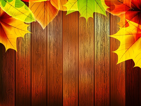 Autumn leaves over old wooden  plus のイラスト素材