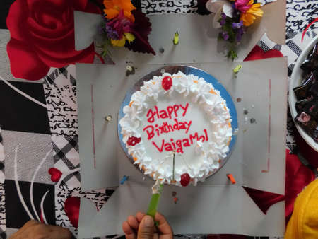 closeup view of a birthday cake with candlesの写真素材