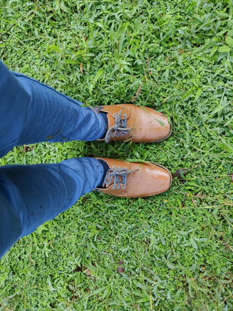 Human foot with brown shoes on a meadow closeup view