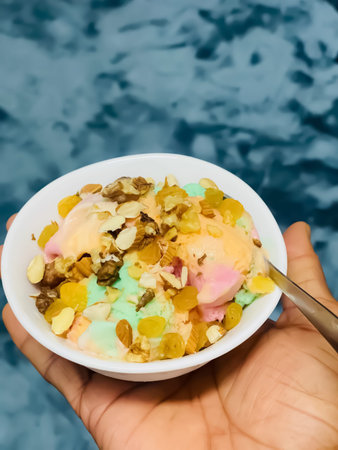 delicious sweet ice cream snack food made up of fruits in a bowl over the human hand blur background
