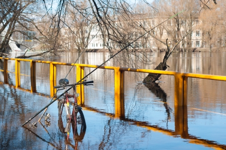 Fishing poles relied on bicycle in flooded riverの写真素材