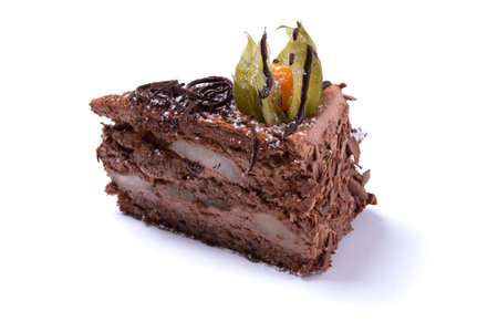 Delicious chocolate cake isolated on white backgroundの写真素材