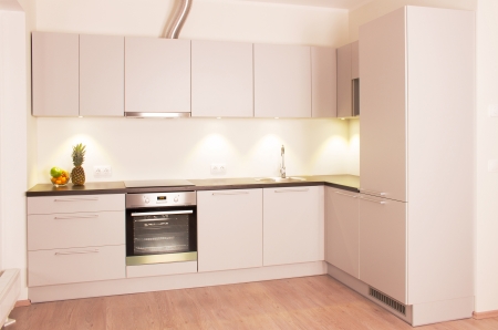 View to modern grey kitchenの写真素材