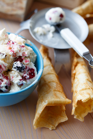 Berry ice creame and wafflesの写真素材