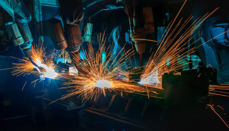 Industrial welding robots in production line manufacturer factory
