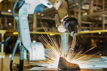 Industrial robot is welding in car factoryの写真素材