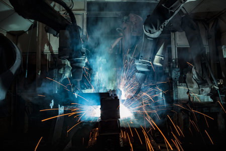 Industrial robots are welding in factory