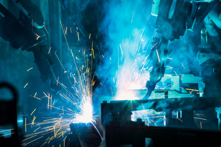 Welding robots movement in a car factory. Industrial automotive part manufacturing