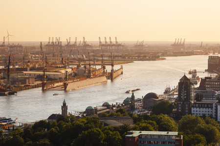 View over Hamburg Harbor, Germany at sunset.のeditorial素材