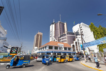 Mombasa, Kenya - February 18: Modern business district on Moi Avenue in Mombasa, Kenya on February...