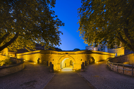 KOBLENZ - JUNE 15: Tunnels and trees in the Ehrenbreitstein Fortress in Koblenz, Germany with night blue sky and illumination on June 15, 2016.のeditorial素材