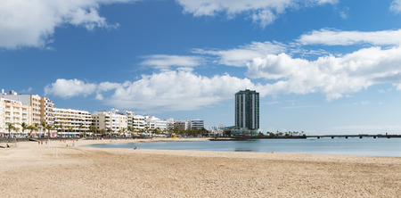 Playa del Reducto in Arrecife in Lanzarote, Spain with the city in the background.の写真素材
