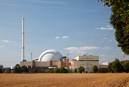 Reactor part of a nuclear power plant in sunlight.