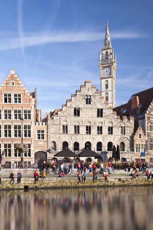 Daytime long exposure shot of the famous old houses at Graslei in Ghent, Belgium.の写真素材