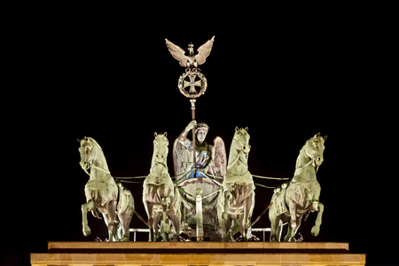 Night shot of the Quadriga on top of the Brandenburg Gate in Berlin.のeditorial素材
