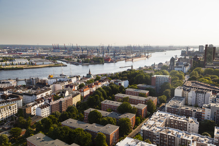 View from St. Michaelis Church in Hamburg, Germany to the container terminals of the harbor.の写真素材