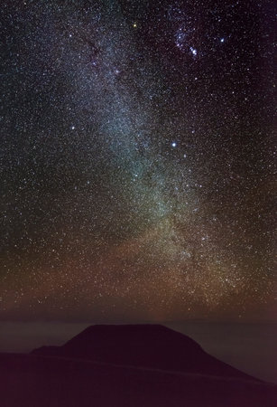 The milky way as wide angle shot above the horizon, a hill on the bottom. Stacked from 32 high ISO...
