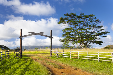 A farm gate near the Wailua Falls in Kauai, Hawaii.の写真素材