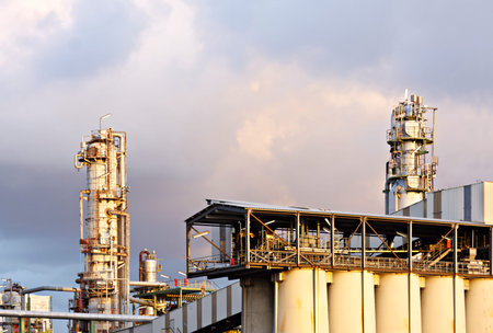 Part of a refinery in evening sunlight.