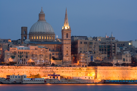 Illuminated Skyline of Valletta, Malta.の写真素材