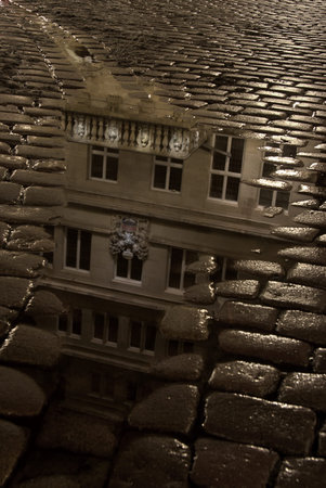 An old buildings reflection in a puddle on cobblestone in Muenster, Germany.