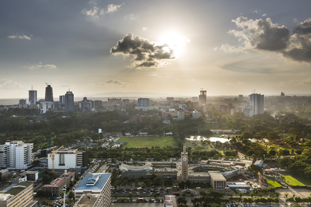 View to Uhuru Park in the business district of Nairobi, Kenya in the eveningのeditorial素材