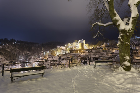 The Eifel village of Monschau during christmas time with lots of snow. View from the old castle ruin, Germany.の写真素材