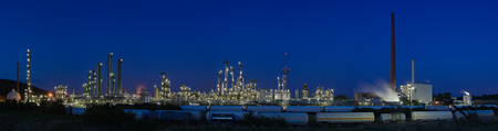 Evening panorama shot druing blue hour of a large refinery and chemical plant complex.の写真素材