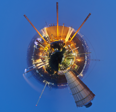 Little planet created from a heavy industry panorama of a coking plant at night.のeditorial素材