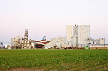 Chemical plant like part of salt mine in evening light.の写真素材