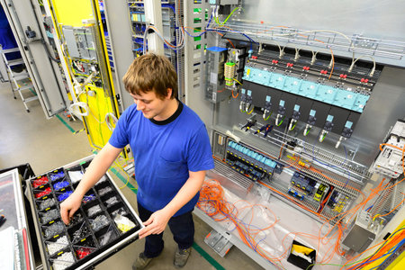 operator assembles machine in a factory