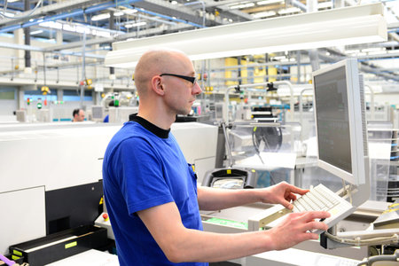 production and assembly of microelectronics in a hi-tech factory - man operating machine in...