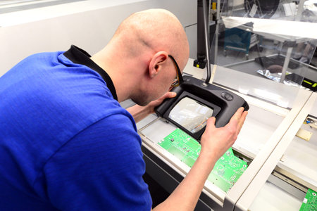 quality control in production - man checks board for defects - manufacturing in a high tech factory