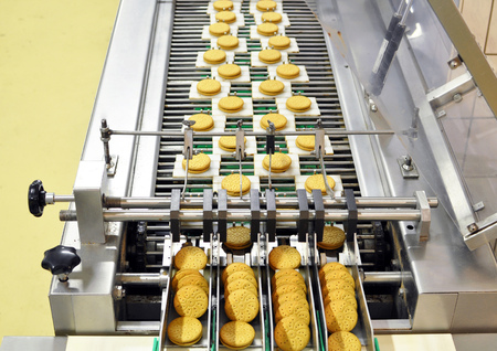 conveyor belt with biscuits in a food factory - machinery equipment の写真素材