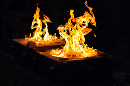 Flames after casting a workpiece in a foundry - production of steel castings at an industrial...