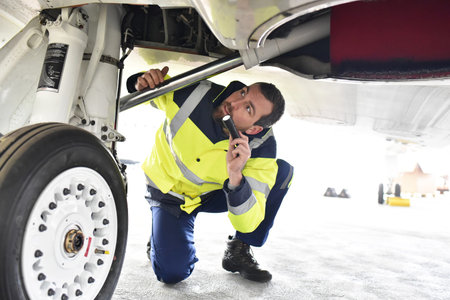 Ground personnel at the airport check the hydraulic system of the landing gear of the aircraft