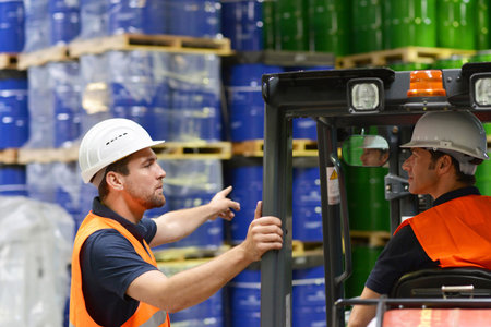 Group of workers in the logistics industry work in a warehouse with chemicals