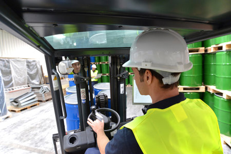 forklift driver in a logistics hall of a chemical warehouse