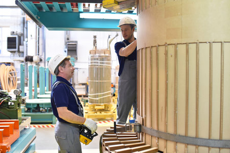 Group worker assembles a transformer in mechanical engineering - teamwork at work