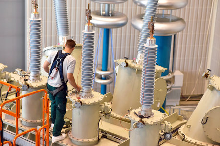 Scientist operates a research facility in the industry: machine for the production of artificial...