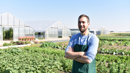 happy farmer growing and harvesting vegetables on the farmの写真素材