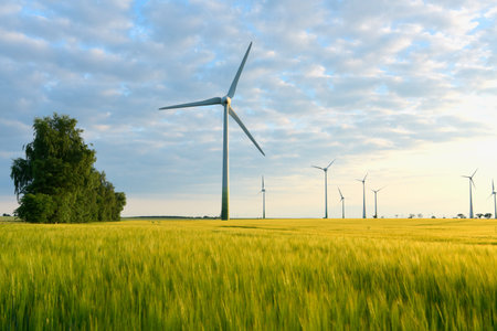renewable energies - power generation with wind turbines in a wind farm 