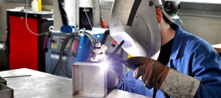 welder works in metal construction - construction and processing of steel components 