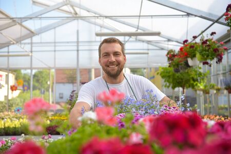 happy worker growing flowers in a greenhouse of a flower shopの写真素材