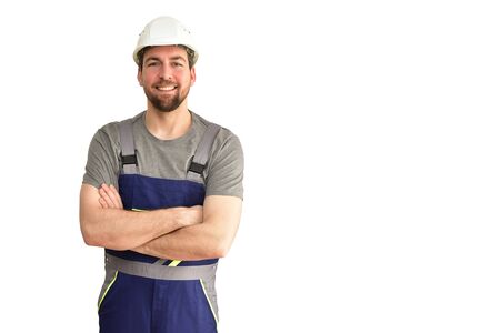 cheerful construction worker - craftsman in work clothes on white background - insulatedの写真素材